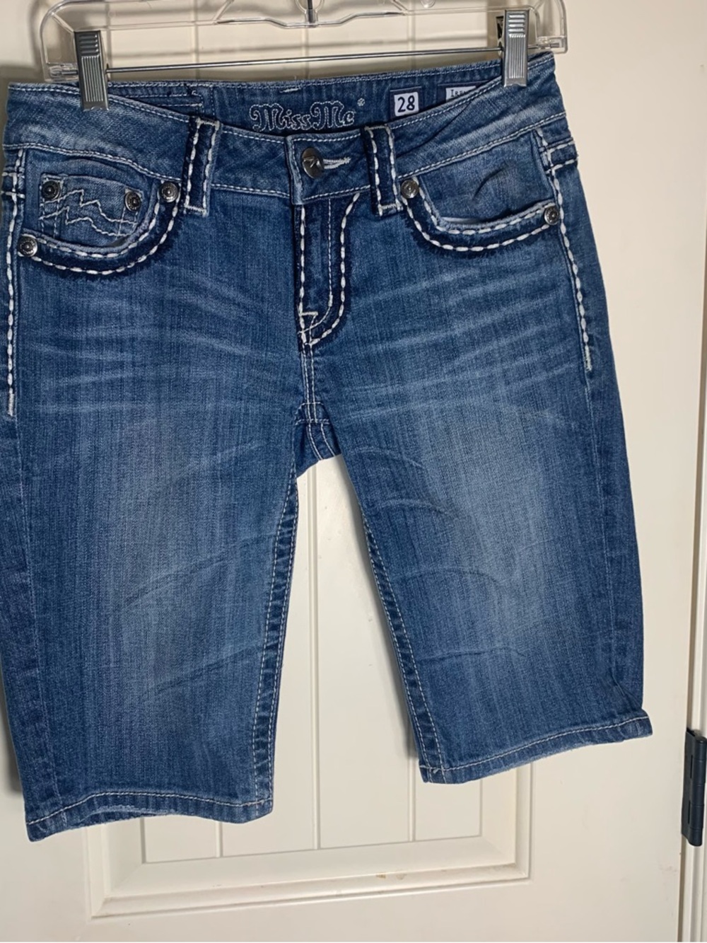 Miss Me Dark Blue Denim Bermuda Shorts with White Contrast Stitching Size 28